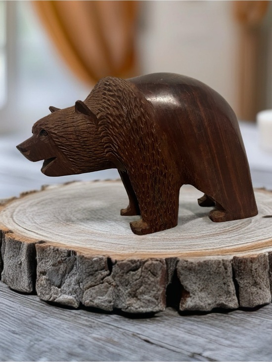 Other - Hand-Carved Wooden Bear Sculpture - Brown